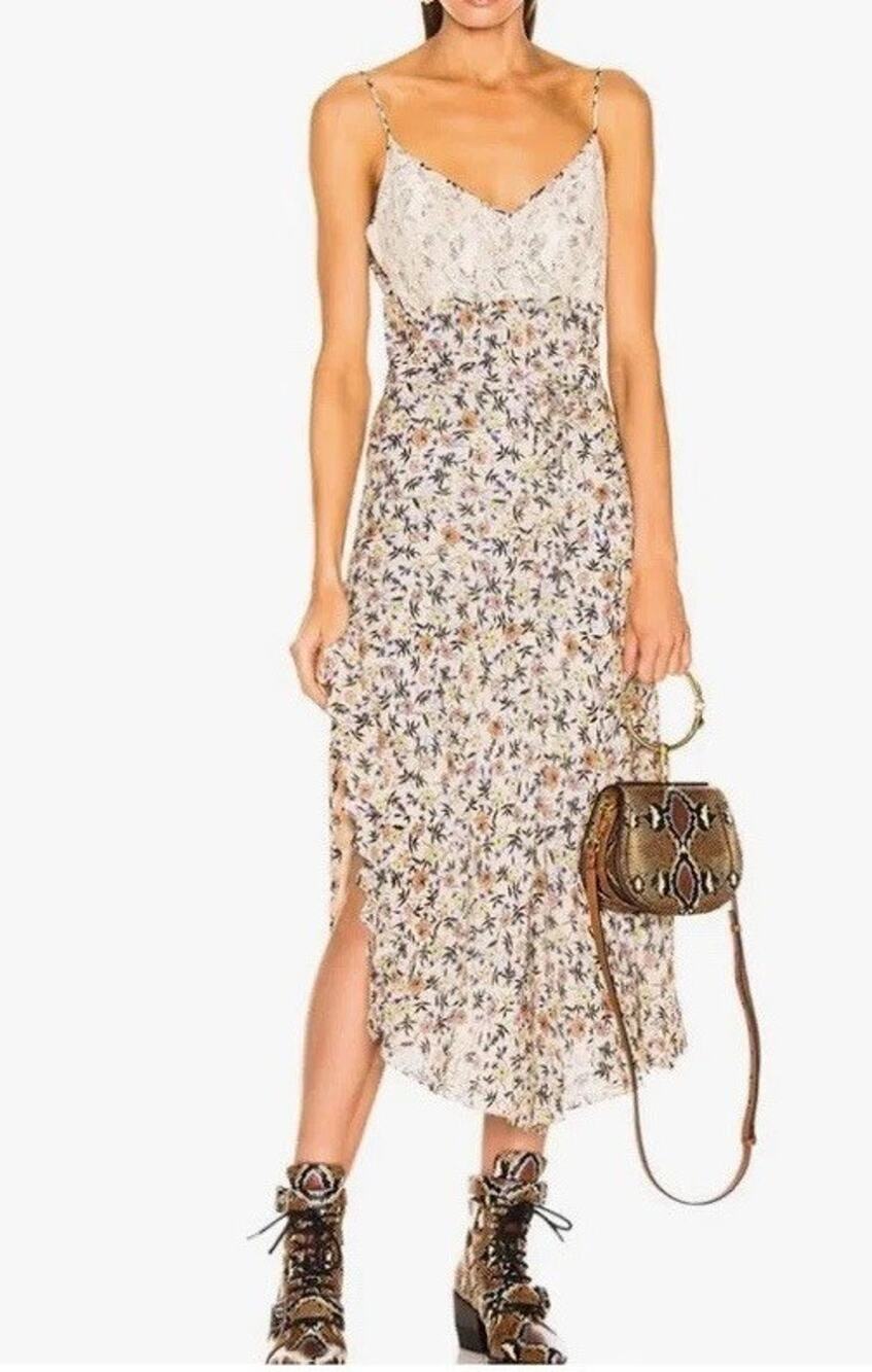 CHLOE Floral Lace Mini Dress Crepe Bias Cut Scalloped Hem Prairie Boho Sz 44 M/L